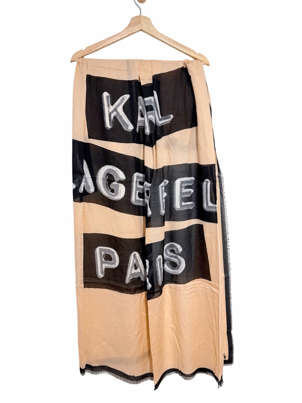 NWT Karl Lagerfeld Paris Logo Print Modal Silk Scarf Wrap Beige Black Barley